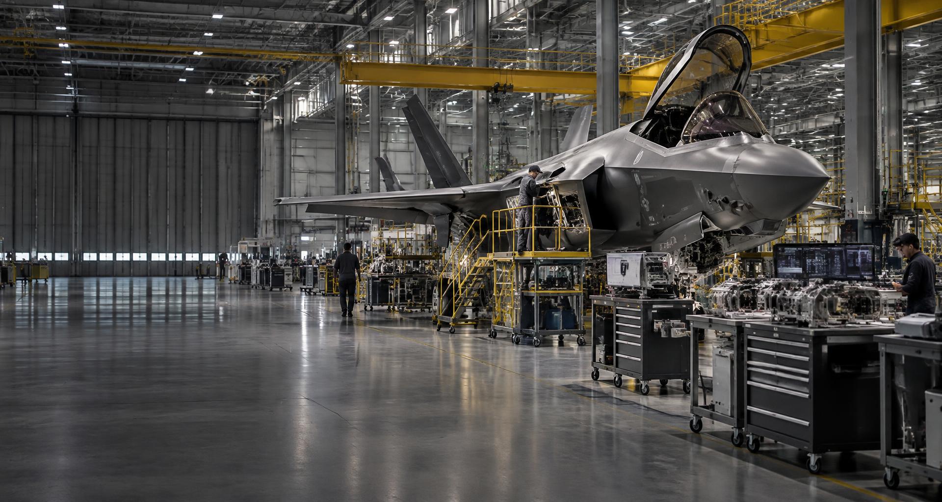 Synthetic illustration of a fighter aircraft being assembled in an aerospace manufacturing hangar